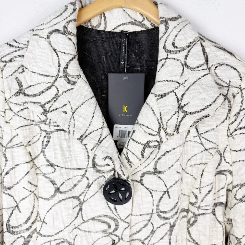 IC by Connie K Textured Swing Jacket Cream Black Abstract Swirl Size Large